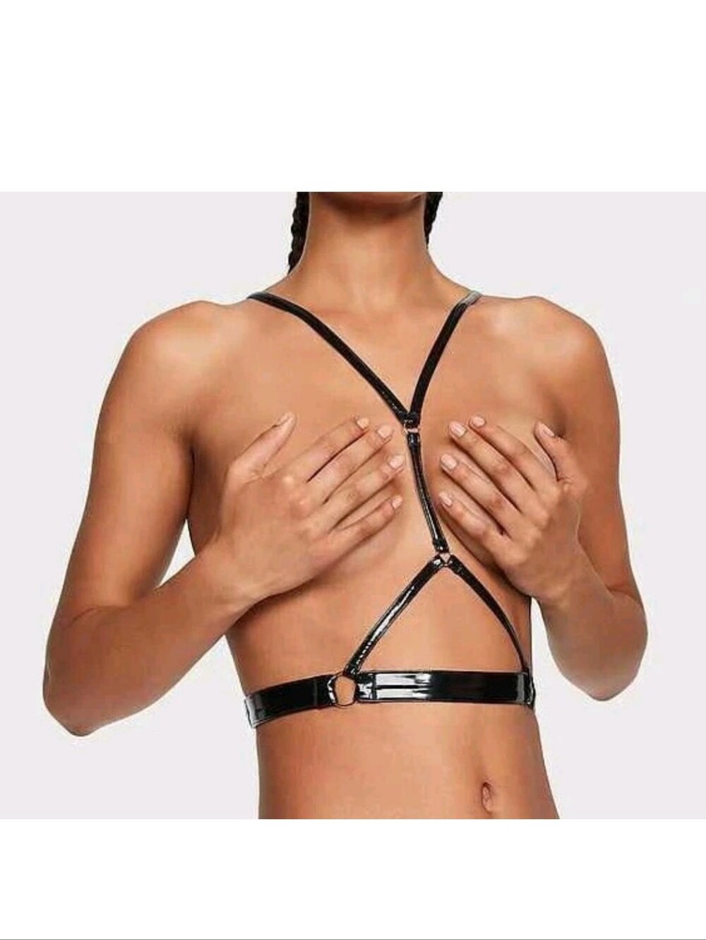 Victoria's secret very sexy faux patent leather harness bra NO CUPS MEDIUM LARGE